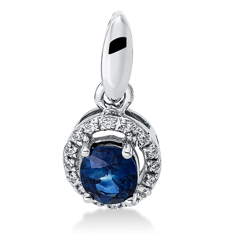 Anhänger 18 kt WG, mit Öse, 16 Brill. 0,05 ct, TW-pi, 1 Saphir 0,42 ct blau
