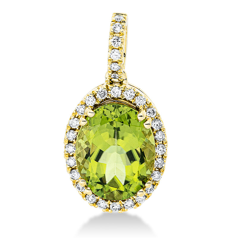 Anhänger 18 kt GG, mit Öse, 30 Brill. 0,20 ct, TW-si, 1 Peridot 3,20 ct grün