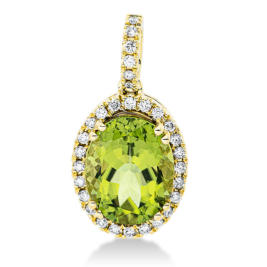 Anhänger 18 kt GG, mit Öse, 30 Brill. 0,20 ct, TW-si, 1 Peridot 3,20 ct grün