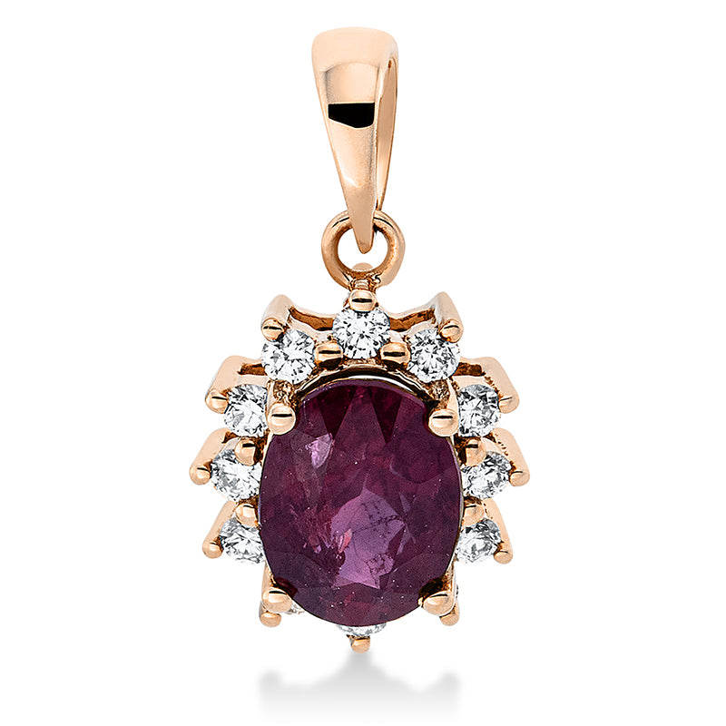 Anhänger 18 kt RG, mit Öse, 12 Brill. 0,14 ct, TW-si, 1 Rubin 1,24 ct rot
