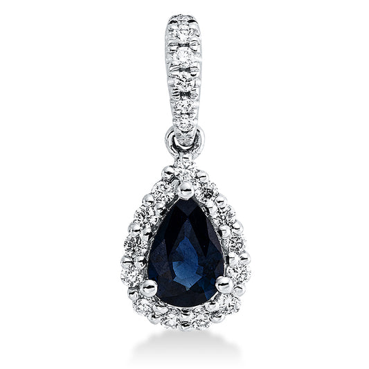 Anhänger 18 kt WG, mit Öse, 13 Brill. 0,14 ct, TW-si, 6 Brill. 0,03 ct, TW-si, 1 Saphir 0,42 ct blau