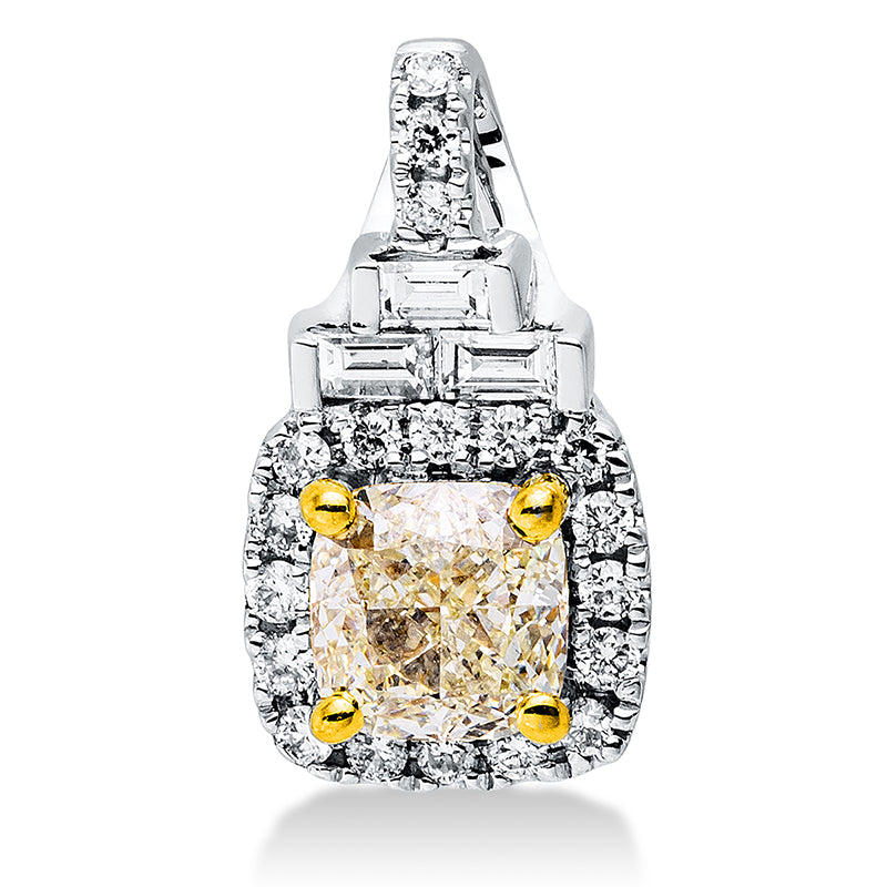 Anhänger 18 kt WG+GG, 3 Trap. 0,08 ct, TW-vsi/si, 19 Brill. 0,10 ct, TW-vsi/si, 1 Cushion 0,57 ct, gelb