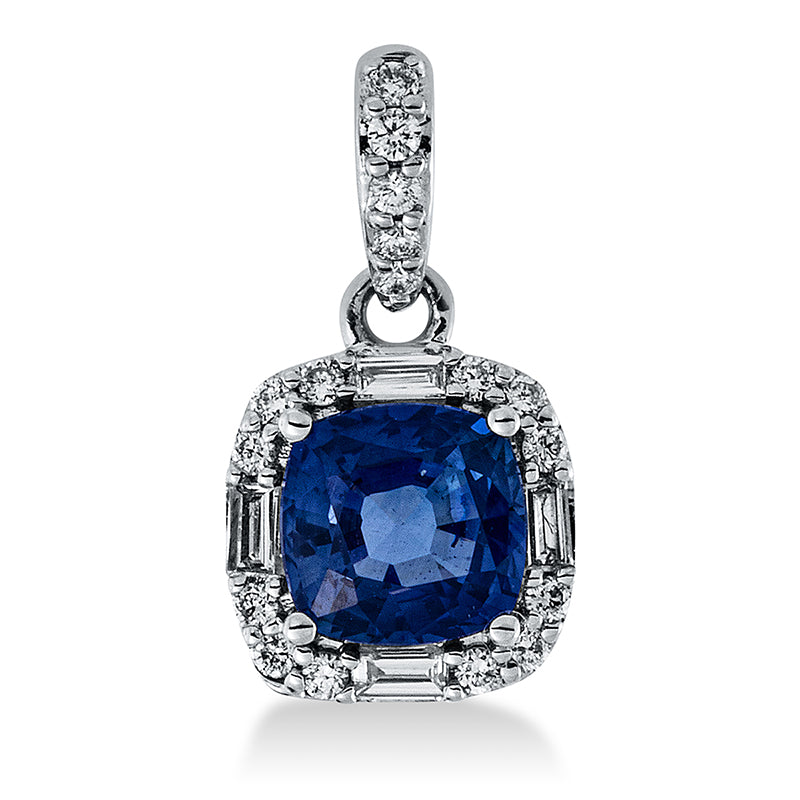 Anhänger 18 kt WG, mit Öse, 4 Bag. 0,04 ct, TW-vsi, 17 Brill. 0,07 ct, TW-si, 1 Saphir 0,78 ct blau