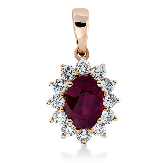Anhänger 18 kt RG, mit Öse, 12 Brill. 0,40 ct, TW-si, 1 Rubin 1,18 ct rot