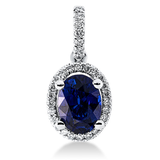 Anhänger 18 kt WG, mit Öse, 31 Brill. 0,12 ct, TW-si, 1 Saphir 0,95 ct blau