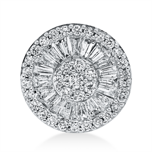 Anhänger 18 kt GG, Fassung rhodiniert, 22 Trap. 0,47 ct, TW-si, 34 Brill. 0,26 ct, TW-si