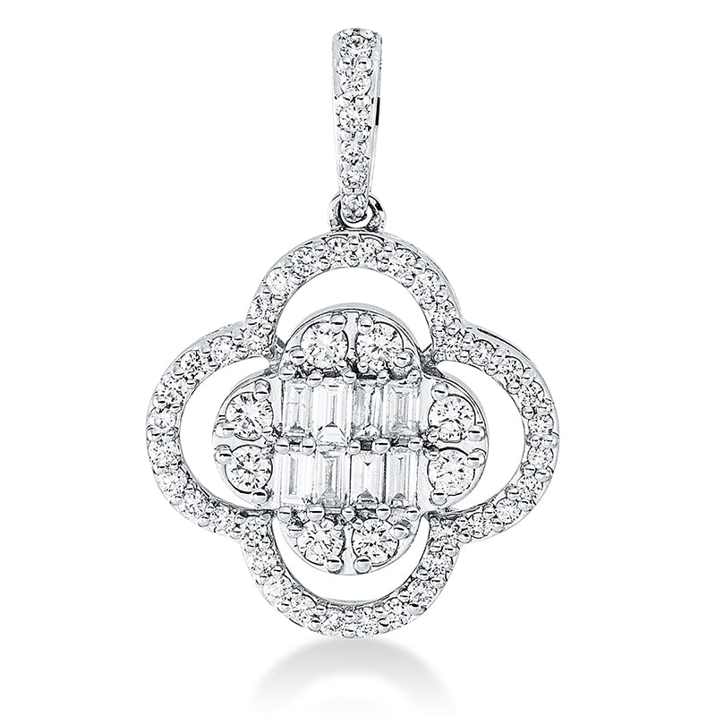 Anhänger 18 kt WG, mit Öse, 2 Brill. 0,01 ct, 8 Brill. 0,14 ct, 8 Bag. 0,12 ct, 40 Brill. 0,18 ct, TW-si