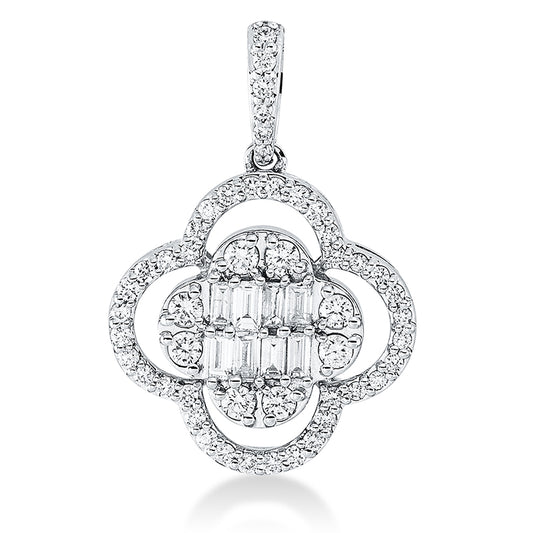 Anhänger 18 kt WG, mit Öse, 2 Brill. 0,01 ct, 8 Brill. 0,14 ct, 8 Bag. 0,12 ct, 40 Brill. 0,18 ct, TW-si
