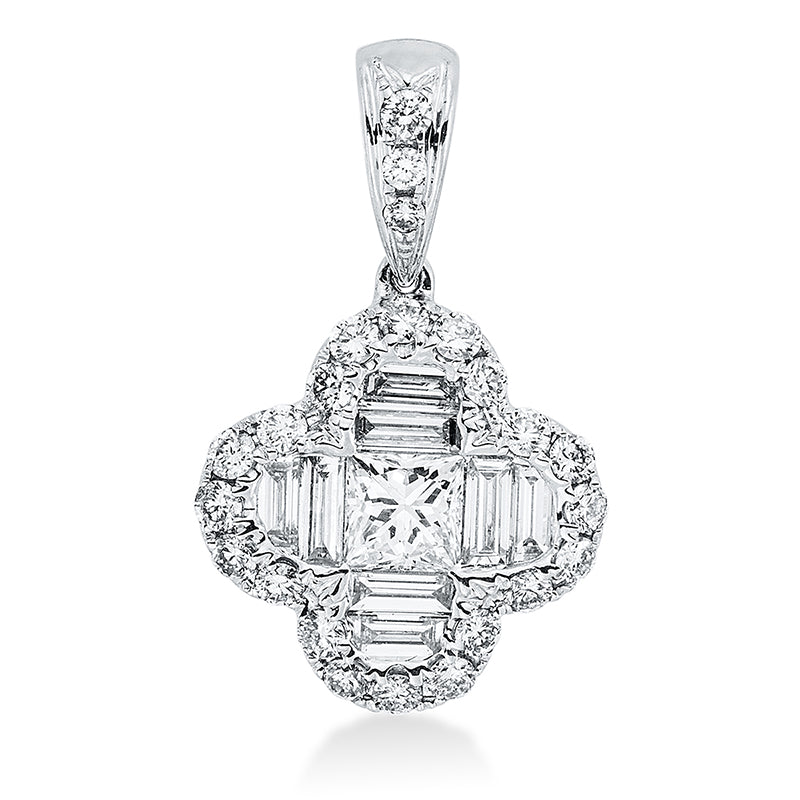 Anhänger 18 kt WG, mit Öse, 1 Princ. 0,21 ct, TW-si, 8 Bag. 0,26 ct, TW-si, 23 Brill. 0,20 ct, TW-si