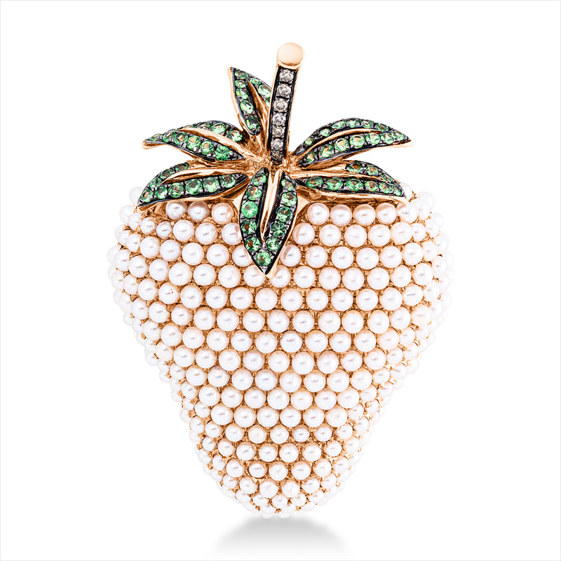 Brosche 18 kt RG, teils schw rhod, 7 Brill. 0,04 ct, braun, 61 Tsav 0,52 ct grün, 247 ZP weiß 1,5 mm