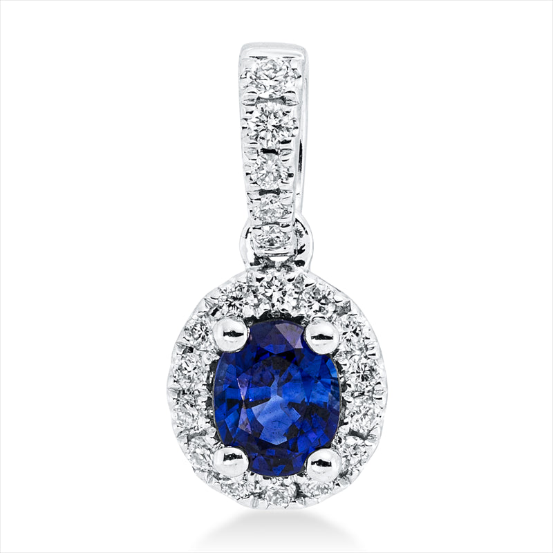 Anhänger 18 kt WG, mit Öse, 19 Brill. 0,14 ct, TW-si, 1 Saphir 0,43 ct blau