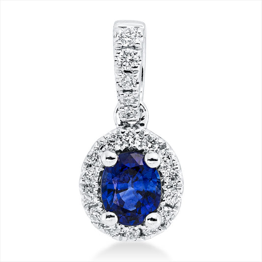 Anhänger 18 kt WG, mit Öse, 19 Brill. 0,14 ct, TW-si, 1 Saphir 0,43 ct blau