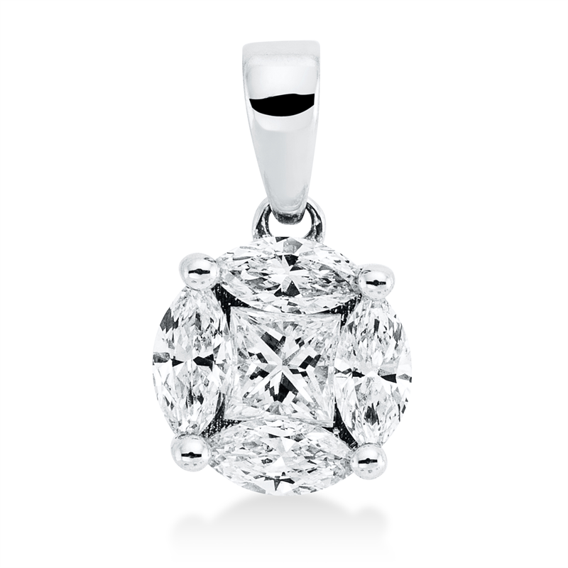 Anhänger 18 kt WG, mit Öse, 1 Princ. 0,12 ct, TW-si, 4 Nav. 0,35 ct, TW-si