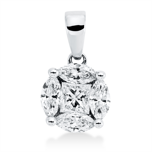 Anhänger 18 kt WG, mit Öse, 1 Princ. 0,12 ct, TW-si, 4 Nav. 0,35 ct, TW-si