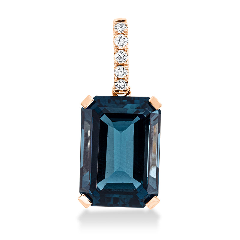 Anhänger 18 kt RG, mit Öse, 5 Brill. 0,10 ct, TW-si, 1 Topas 9,30 ct Lond. blue