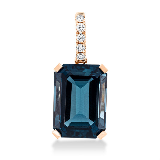 Anhänger 18 kt RG, mit Öse, 5 Brill. 0,10 ct, TW-si, 1 Topas 9,30 ct Lond. blue