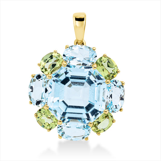 Anhänger 18 kt GG, mit Öse, 4 Topase 3,80 ct sky blue, 1 Topas 9,80 ct sky blue, 4 Peridot 1,60 ct grün