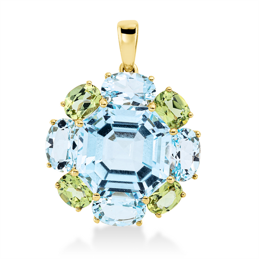 Anhänger 18 kt GG, mit Öse, 4 Topase 3,80 ct sky blue, 1 Topas 11,00 ct sky blue, 4 Peridot 1,60 ct grün
