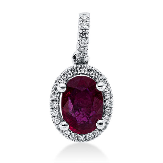 Anhänger 18 kt WG, mit Öse, 31 Brill. 0,12 ct, TW-si, 1 Rubin 0,89 ct rot