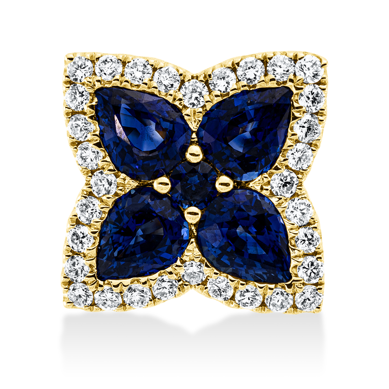 Anhänger 18 kt GG, 32 Brill. 0,20 ct, TW-vsi/si, 1 Saphir 0,04 ct blau, 4 Saphire 1,09 ct blau