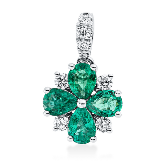Anhänger 14 kt WG, mit Öse, 8 Brill. 0,12 ct, TW-si, 4 Smaragde 0,59 ct grün