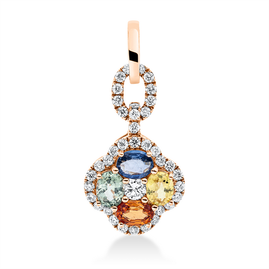Anhänger 18 kt RG, mit Öse, 1 Brill. 0,06 ct, TW-si, 44 Brill. 0,30 ct, TW-si, 4 Saphire 0,83 ct multicolor