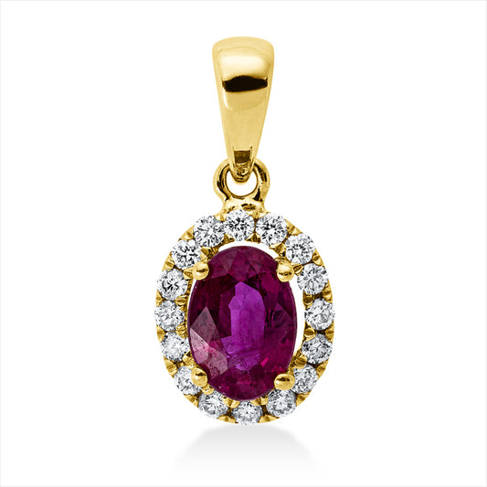 Anhänger 18 kt GG, mit Öse, 16 Brill. 0,12 ct, W-si, 1 Rubin 0,58 ct rot
