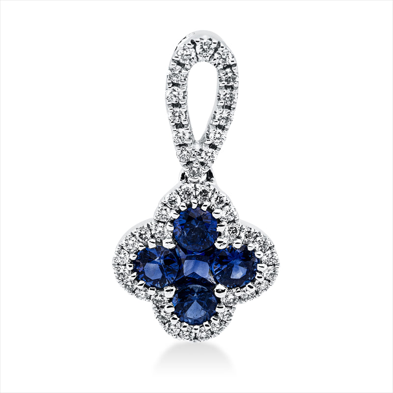 Anhänger 18 kt WG, mit Öse, 42 Brill. 0,16 ct, TW-si, 4 Saphire 0,40 ct blau, 1 Saphir 0,14 ct blau