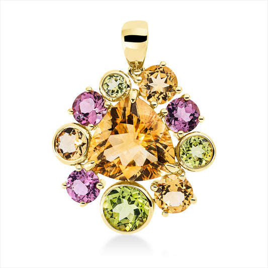 Anhänger 18 kt GG, mit Öse, 1 Citrin 4,80 ct gelb, 9 Farbsteine 4,00 ct multicolor
