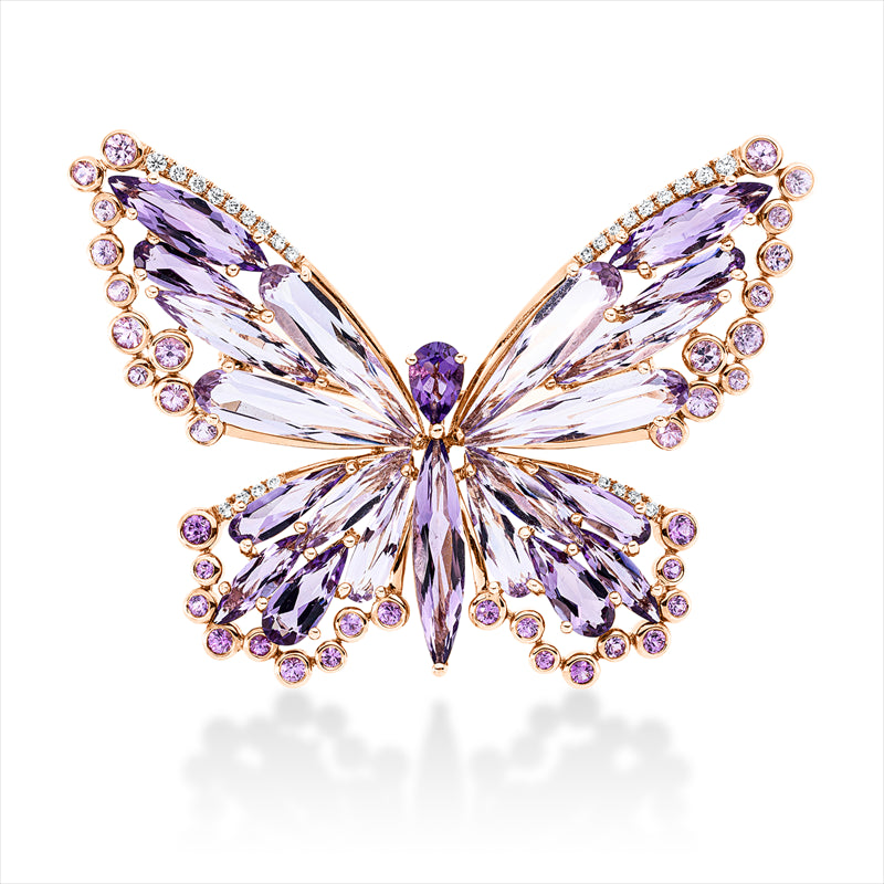 Brosche 18 kt RG,26 Brill. 0,21 ct, TW-si, 12 Am 6,40 ct lila, 10 Am 7,10 ct pink, 38 Saphire 1,75 ct pink