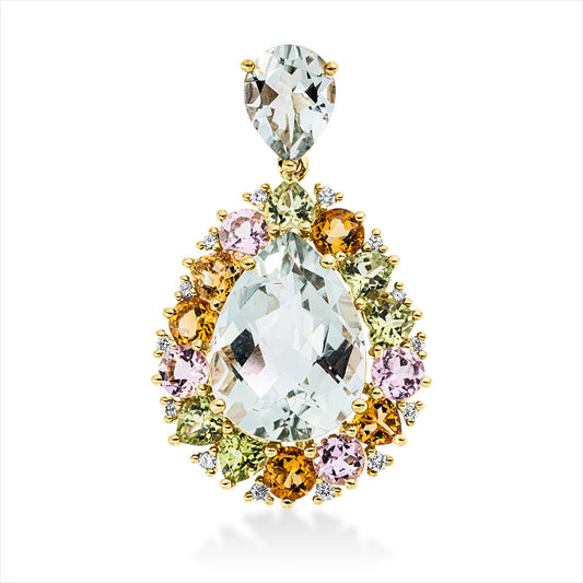 Anhänger 18 kt GG, 14 Brill. 0,18 ct, TW-si, 1 Amethyst 8,30 ct grün, 15 Farbsteine 5,60 ct multicolor