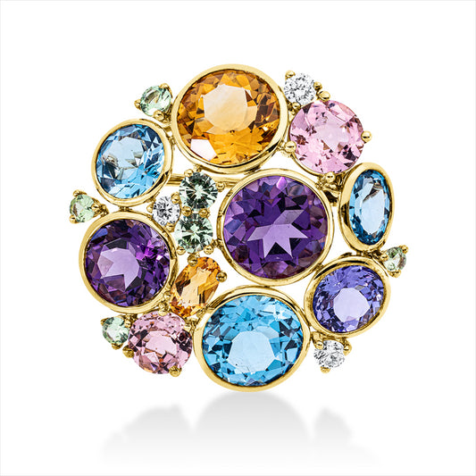 Brosche 18 kt GG, 3 Brill. 0,20 ct, TW-si, 16 Farbsteine 12,78 ct multicolor