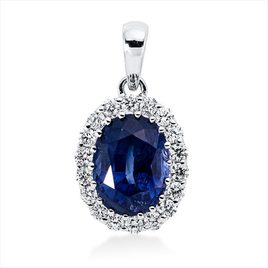 Anhänger 18 kt WG, mit Öse, 18 Brill. 0,22 ct, TW-vsi/si, 1 Saphir 2,17 ct blau