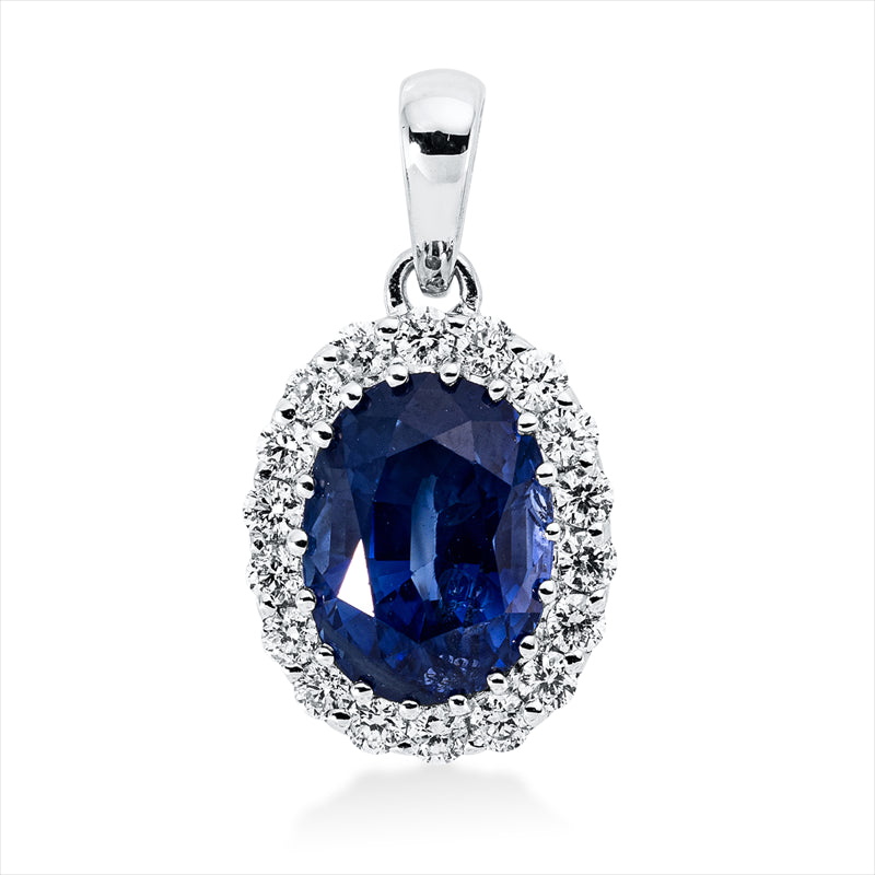 Anhänger 18 kt WG, mit Öse, 18 Brill. 0,22 ct, TW-si, 1 Saphir 2,17 ct blau