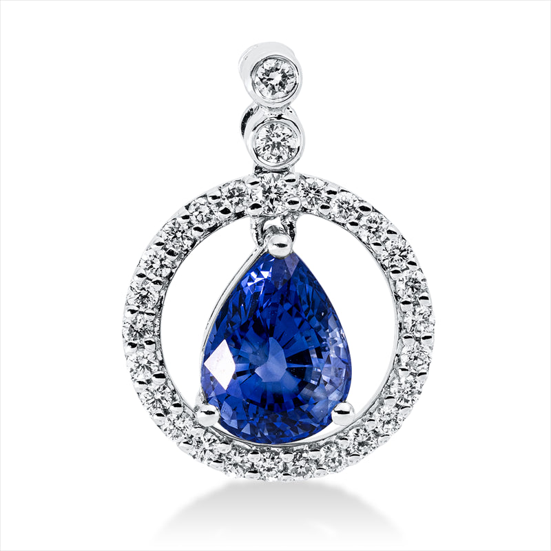 Anhänger 18 kt WG, mit Öse, 27 Brill. 0,24 ct, TW-vsi/si, 1 Saphir 1,69 ct blau