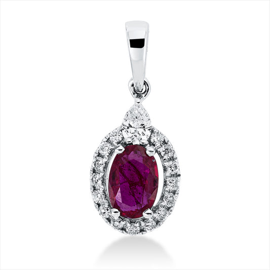 Anhänger 18 kt WG, mit Öse, 1 Tropfen 0,09 ct, TW-si, 15 Brill. 0,12 ct, TW-si, 1 Rubin 0,65 ct rot