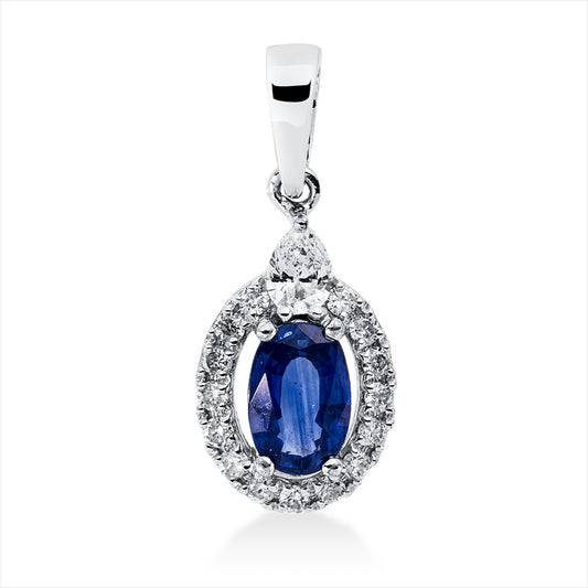 Anhänger 18 kt WG, mit Öse, 1 Tropfen 0,09 ct, TW-si, 15 Brill. 0,12 ct, TW-si, 1 Saphir 0,59 ct blau