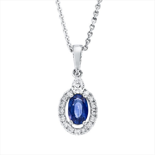 Anhänger 18 kt WG, mit Öse, 1 Tropfen 0,09 ct, TW-si, 15 Brill. 0,12 ct, TW-si, 1 Saphir 0,59 ct blau