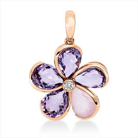 Anhänger 18 kt RG, mit Öse, 1 Brill. 0,06 ct, TW-si, 4 Amethyste 4,30 ct lila, 1 Quarz 1,10 ct rosa