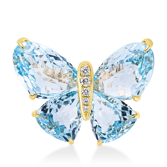 Brosche 18 kt GG, 5 Brill. 0,07 ct, TW-si, 2 Topase 10,40 ct sky blue, 2 Topase 5,60 ct sky blue