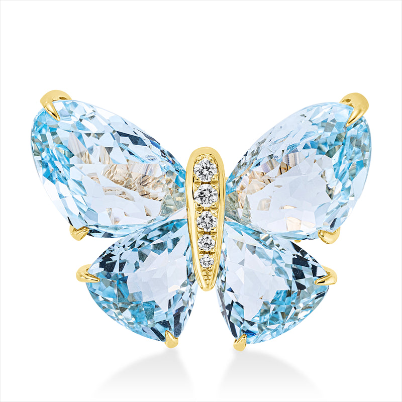 Brosche 18 kt GG, 5 Brill. 0,07 ct, TW-si, 2 Topase 9,60 ct sky blue, 2 Topase 5,80 ct sky blue