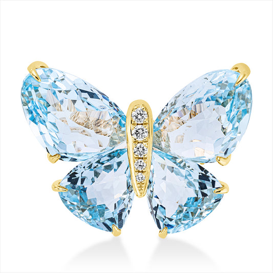 Brosche 18 kt GG, 5 Brill. 0,07 ct, TW-si, 2 Topase 9,60 ct sky blue, 2 Topase 5,80 ct sky blue