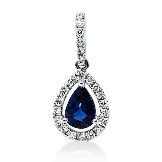 Anhänger 18 kt WG, mit Öse, 24 Brill. 0,18 ct, TW-si, 1 Saphir 0,54 ct blau