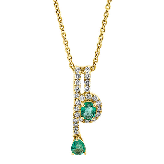 Anhänger 18 kt GG, 25 Brill. 0,18 ct, TW-pi, 1 Smaragd 0,12 ct grün, 1 Smaragd 0,14 ct grün