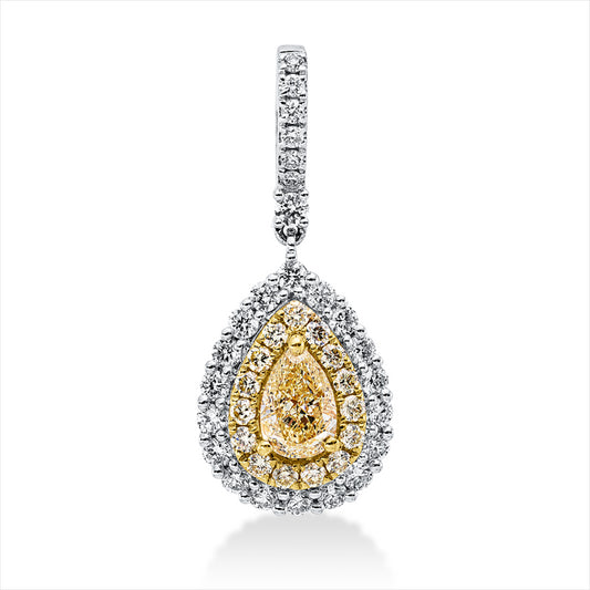 Anhänger 18 kt WG+GG, 15 Brill. 0,19 ct, gelb-si, 1 Tropfen 0,60 ct, gelb-vsi, 25 Brill. 0,45 ct, TW-si