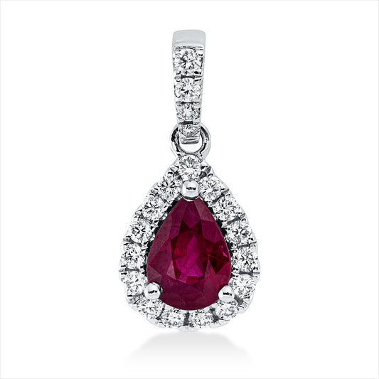 Anhänger 18 kt WG, mit Öse, 19 Brill. 0,22 ct, TW-si, 1 Rubin 0,79 ct rot