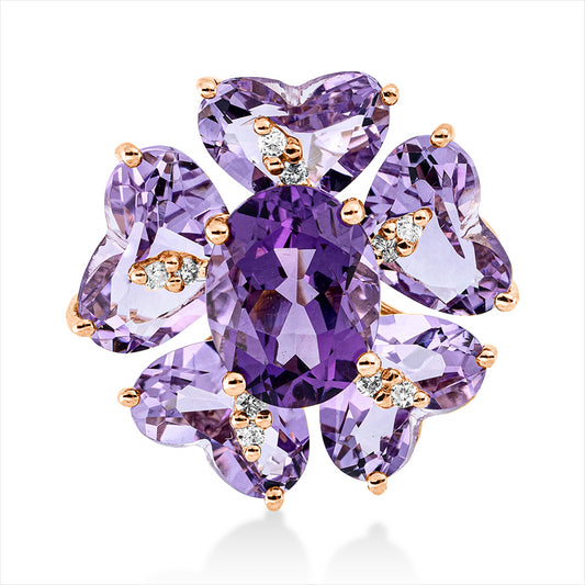 Anhänger 18 kt RG, 10 Brill. 0,09 ct, TW-si, 1 Amethyst 1,80 ct lila, 5 Amethyste 5,60 ct pink