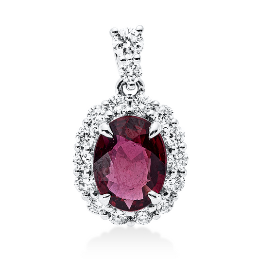 Anhänger 18 kt WG, mit Öse, 1 Brill. 0,06 ct, TW-si, 15 Brill. 0,29 ct, TW-si, 1 Rubin 0,98 ct rot