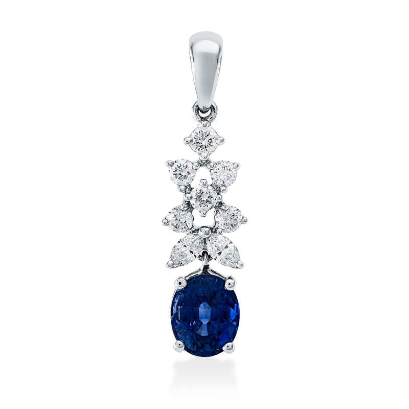 Anhänger 18 kt WG, mit Öse, 2 Nav. 0,11 ct, TW-si, 6 Brill. 0,22 ct, TW-si, 1 Saphir 1,11 ct blau
