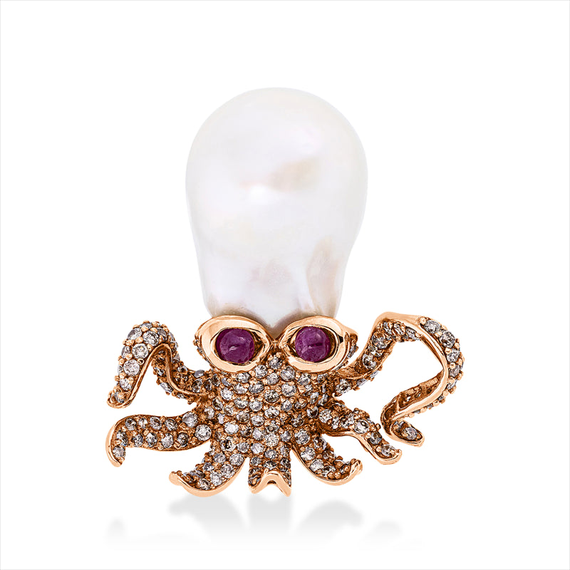 Anhänger 18 kt RG, 172 Brill. 2,03 ct, braun, 2 Rubine 0,54 ct rot, 1 ZP, barock weiß 15,9 mm